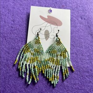 Beaded Fringe Earrings in Green and Yellow